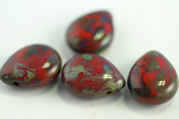 4pc 12x16mm OPAQUE RED GREEN PICASSO CZECH GLASS PEAR SHAPED DROP BEADS