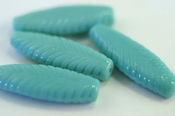 4pc 30x11mm TURQUOISE FEATHER TUBES CZECH GLASS BEADS