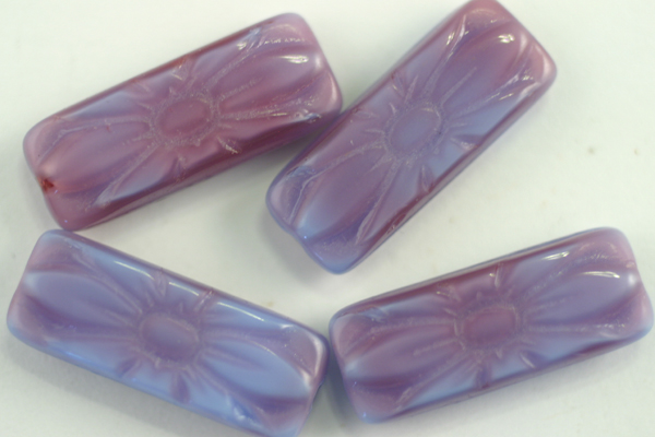 4pc 20x8mm RASPBERRY SWIRL RECTANGULAR CZECH PRESSED GLASS FLOWER BEADS