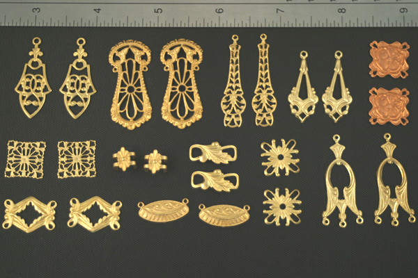24pc VINTAGE STYLE SOLID RAW BRASS FINDINGS SAMPLER LOT G