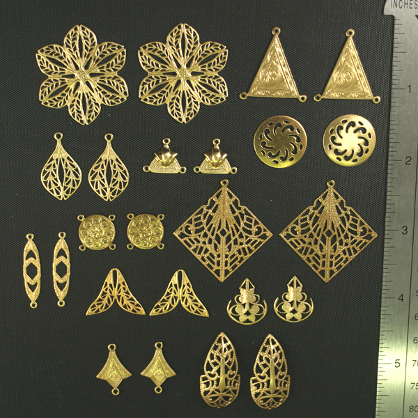 24pc VINTAGE STYLE SOLID RAW BRASS FINDINGS SAMPLER LOT K