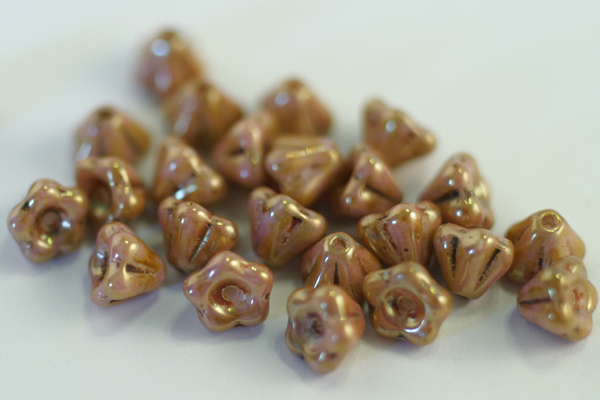 24pc 4X6mm LUSTER OPAQUE ROSE GOLD TOPAZ CZECH GLASS BELL FLOWER BEADS