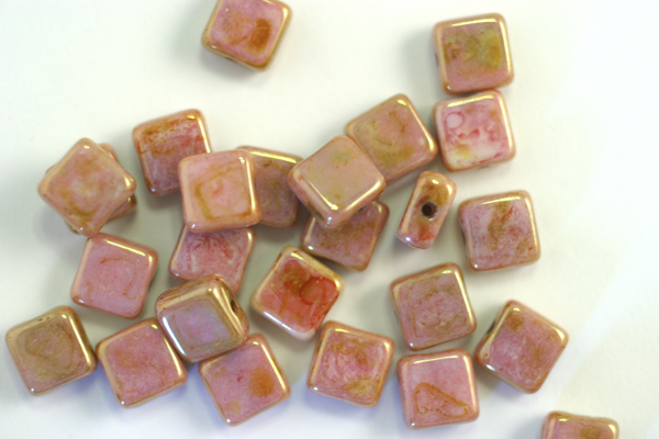 25pc (6 inch strand) 6mm LUSTER OPAQUE ROSE GOLD TOPAZ CZECH GLASS SMALL FLAT SQUARE BEADS