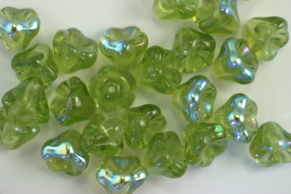 1 STRAND (25pc) 8X6mm AURORA BOREALIS OLIVINE CZECH GLASS BELL FLOWER BEADS