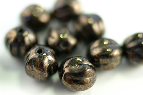 10pc 8mm JET BLACK MARBLED DARK BRONZE CZECH GLASS MELON ROUNDS