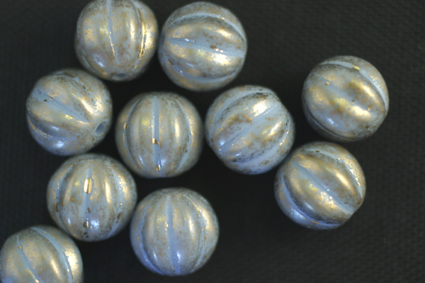 1 STRAND - (25pc) 8mm OPAQUE BLUE MARBLED GOLD CZECH GLASS MELON ROUNDS