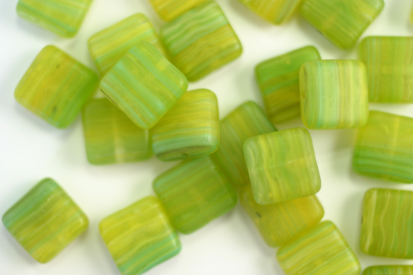 25pc (8 3/8 inch strand) 9mm HURRICANE GLASS MATTE LEMON LIME SHERBERT CZECH GLASS FLAT SQUARE BEADS